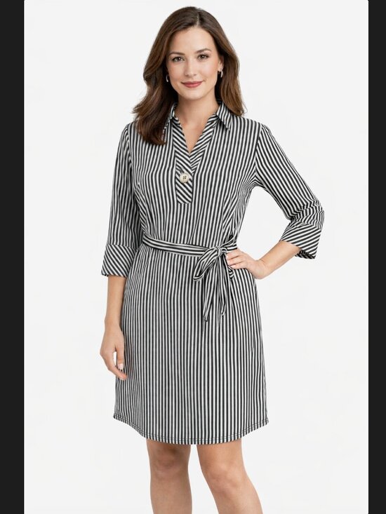 Mlle Gabrielle Dresses & Skirts - Striped Shirt Dress S Black White Belted Mlle Gabrielle Career Office Academia